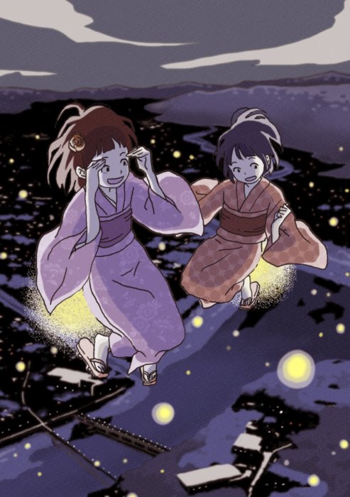 紀ノ川の夜空を飛ぶホタルの女の子のイラスト