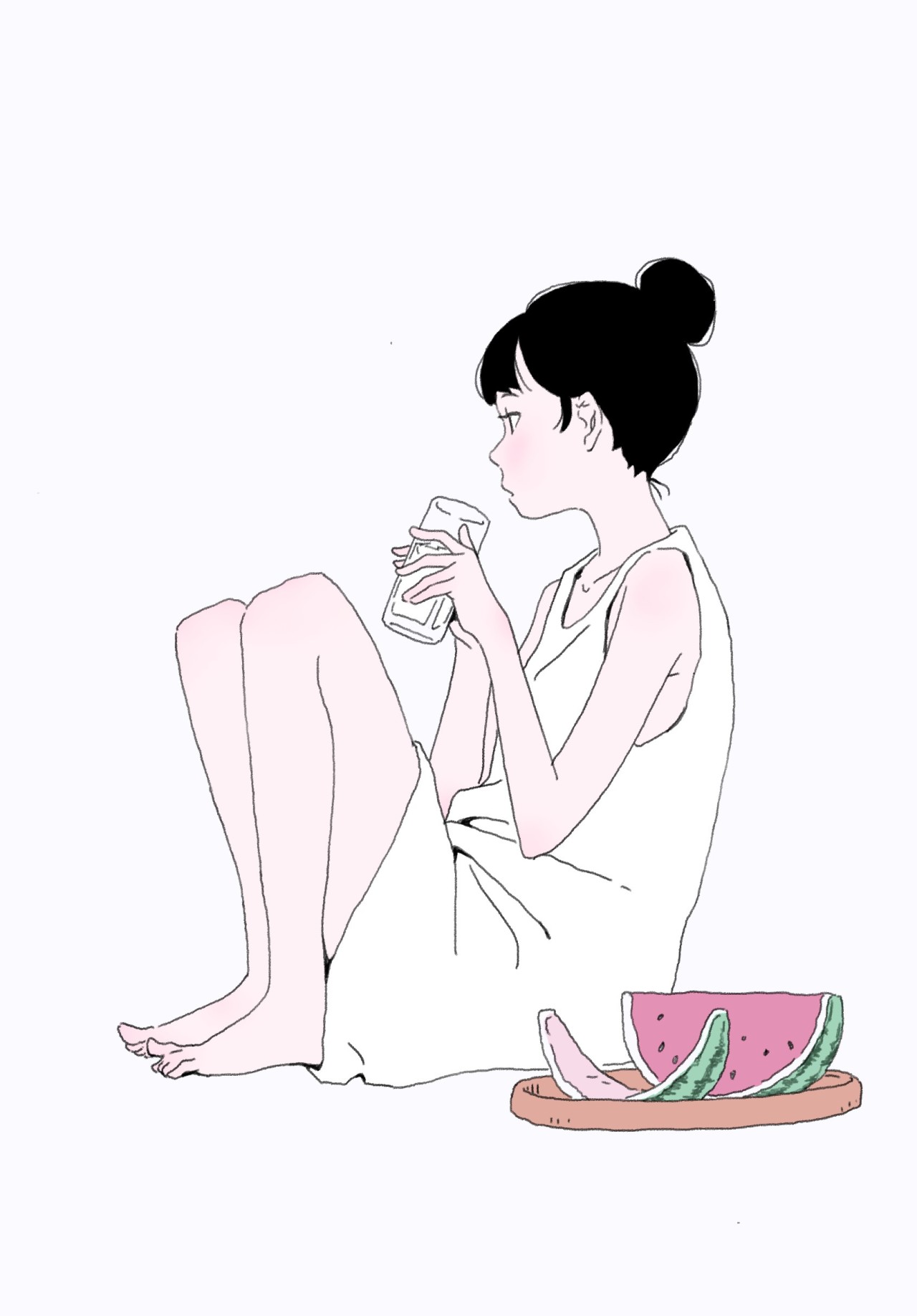 スイカを食べる白いワンピースの少女のイラスト